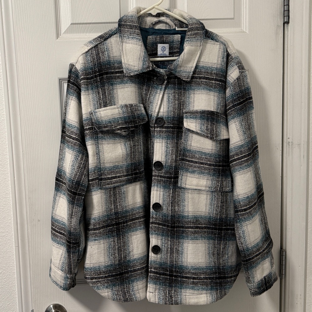 Hurley Checkered Utility Jacket in teal, black and White
